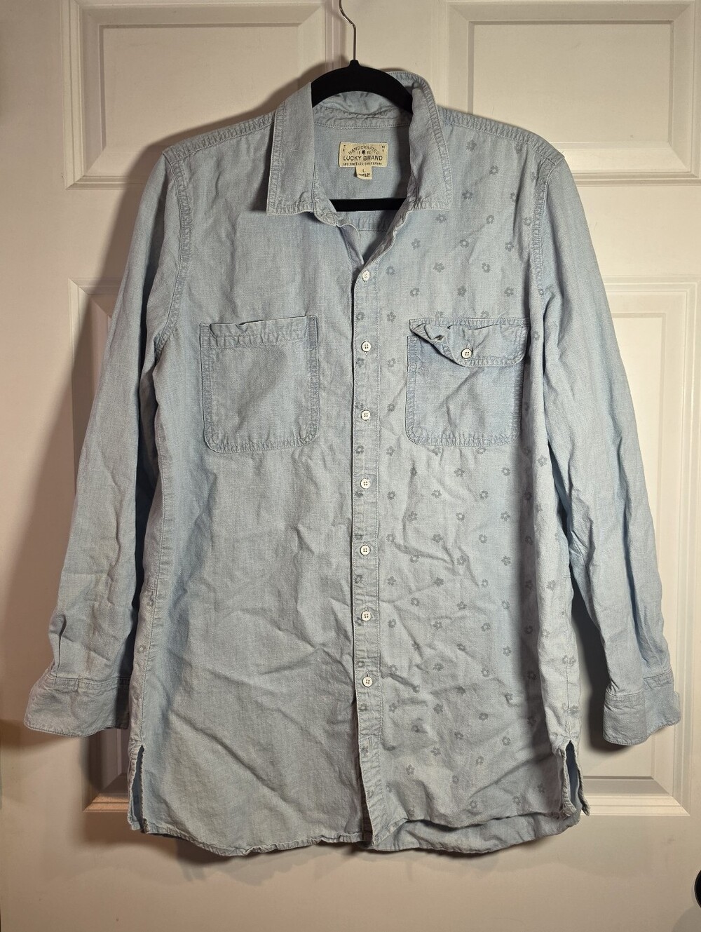 Lucky Brand Light Blue Chambray Floral Patterned Oversized Button Up Shirt L